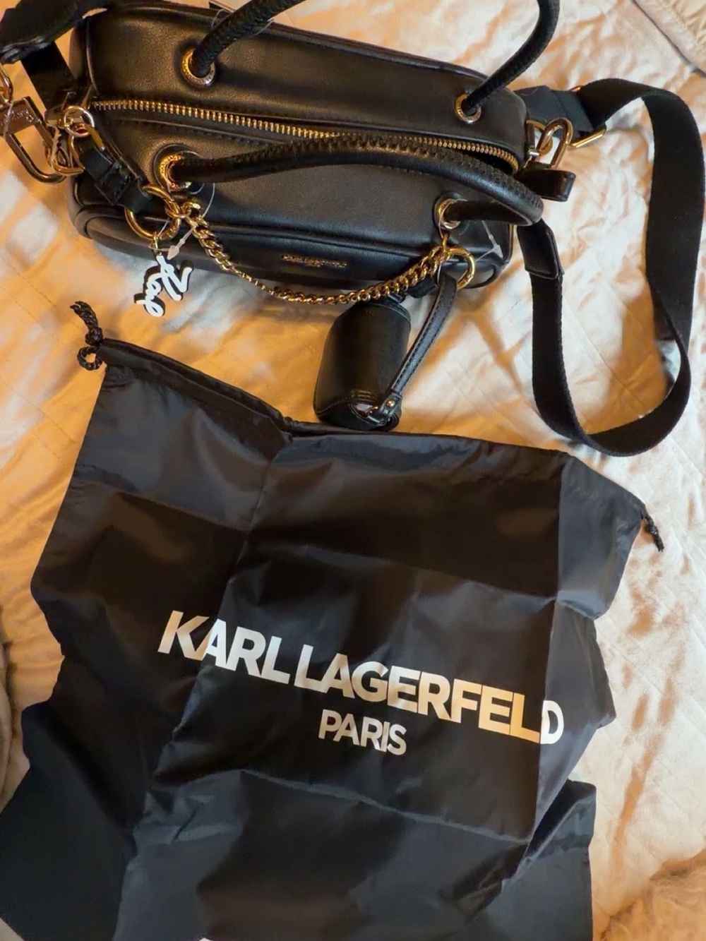 Karl Lagerfeld Black Leather Crossbody Bag with Gold Hardware